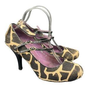 Jeffrey Campbell Size 8 Calf Hair Heels Giraffe Print Double Strap Pumps